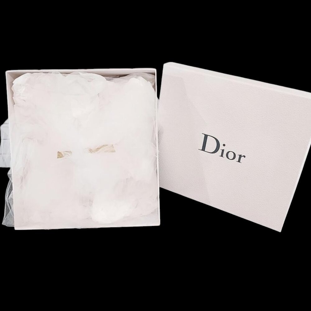AUTHENIC Large Dior White Box, Black Letters, Tissue, Tulle Fabric & Gold Ribbon